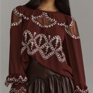 Anthropologie Burgundy Blouse with White Embroidery- New With Tags Size M